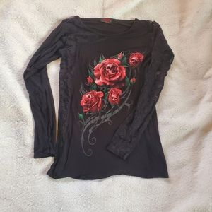 Spiral Roses and Skulls Shirt, Sz M